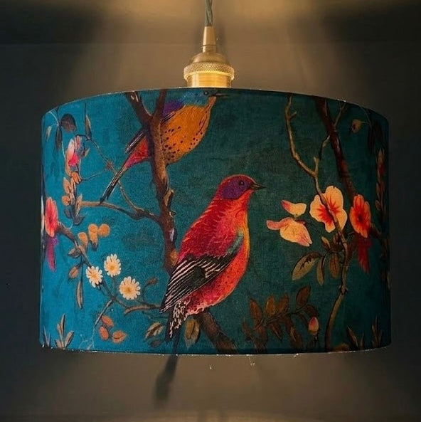 Perching Birds | Teal & Pink Velvet | Pendant Lampshade