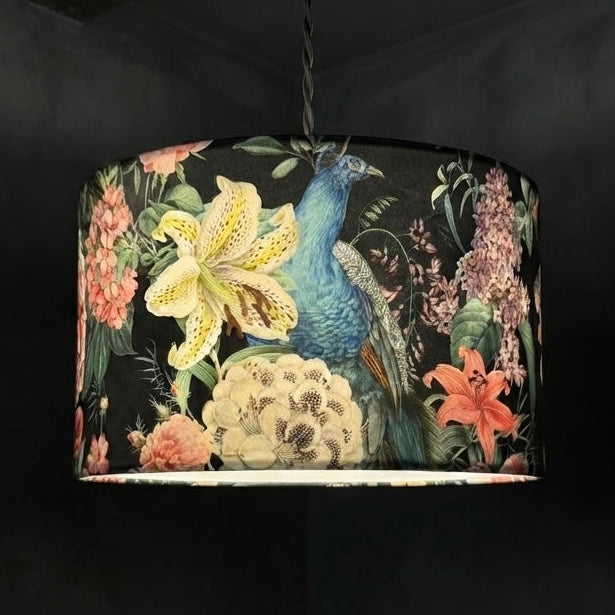 Peacocks & Lily | Black & Pink Velvet | Pendant Lampshade