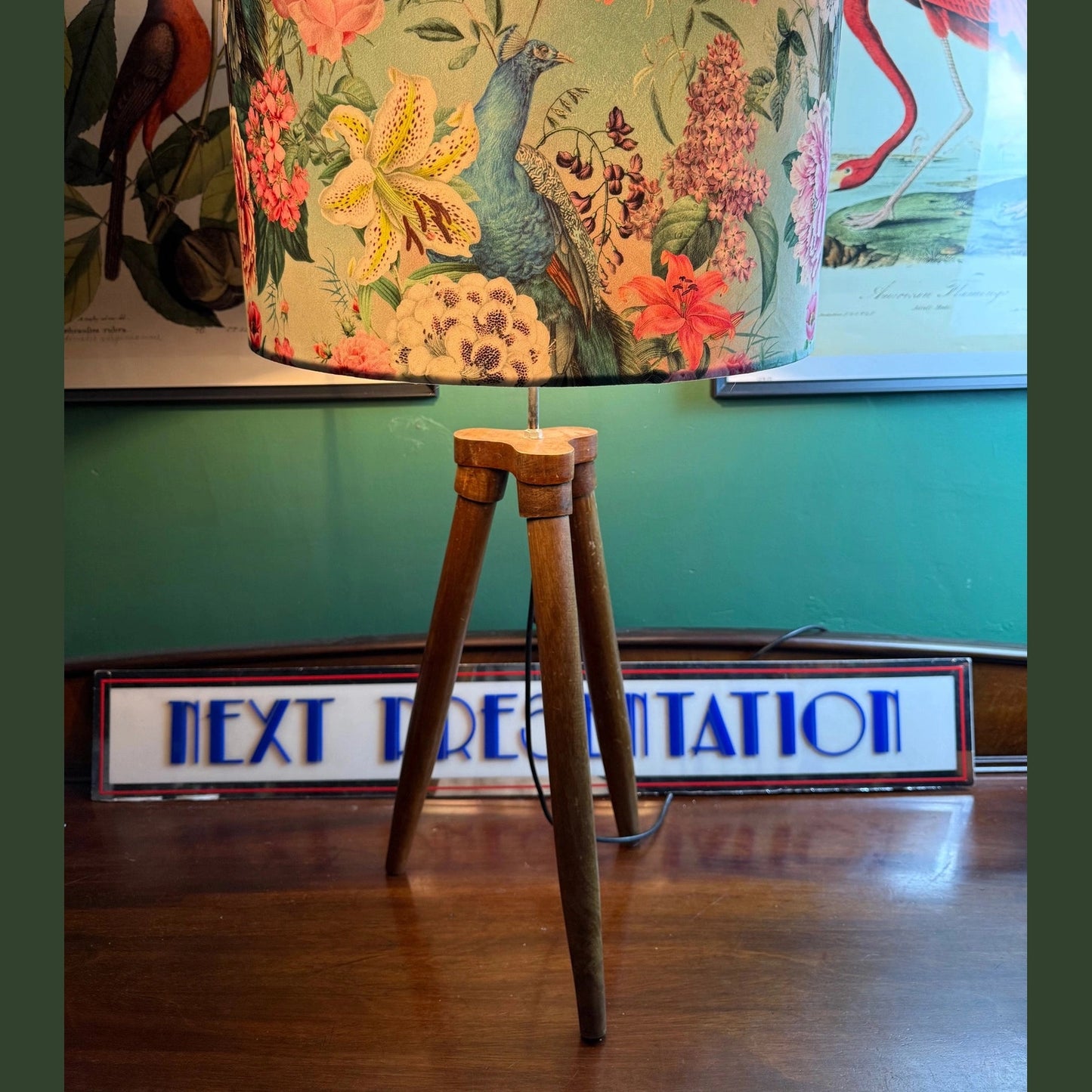 Turquoise botanical peacocks velvet lampshade