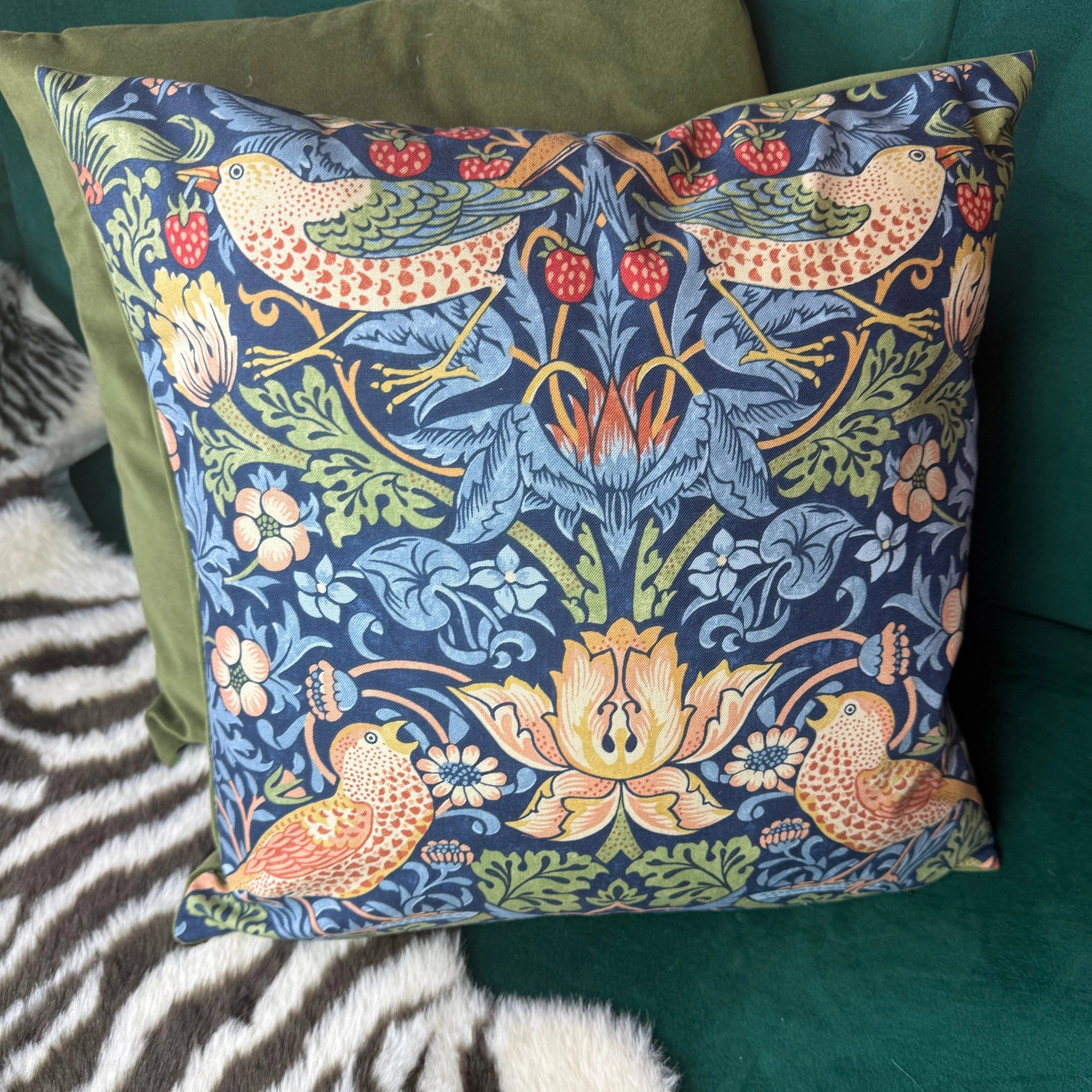 Strawberry Thief | Navy & Green Cotton | William Morris | Cushion