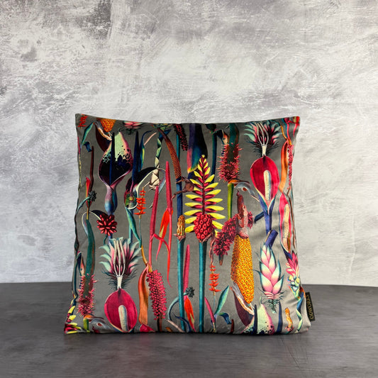 Botanical lily grey luxury velvet cushion