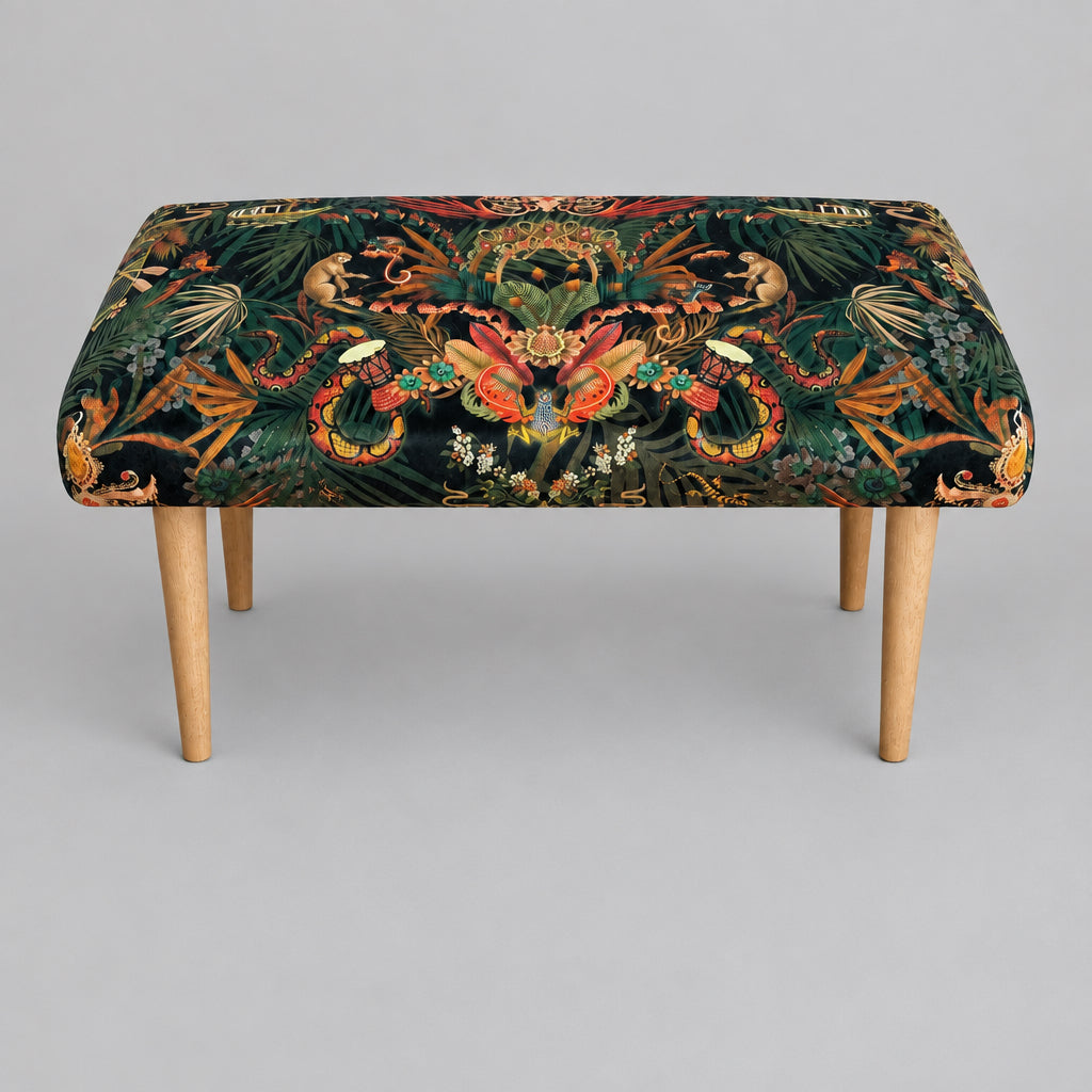 Decorative bench with floral pattern on a wooden floor