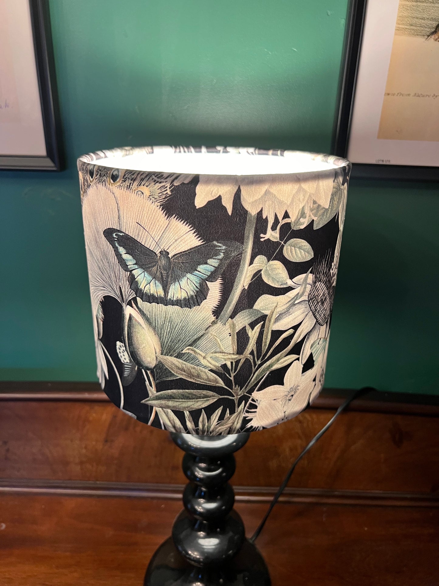 Peacocks & butterflies black velvet lampshade