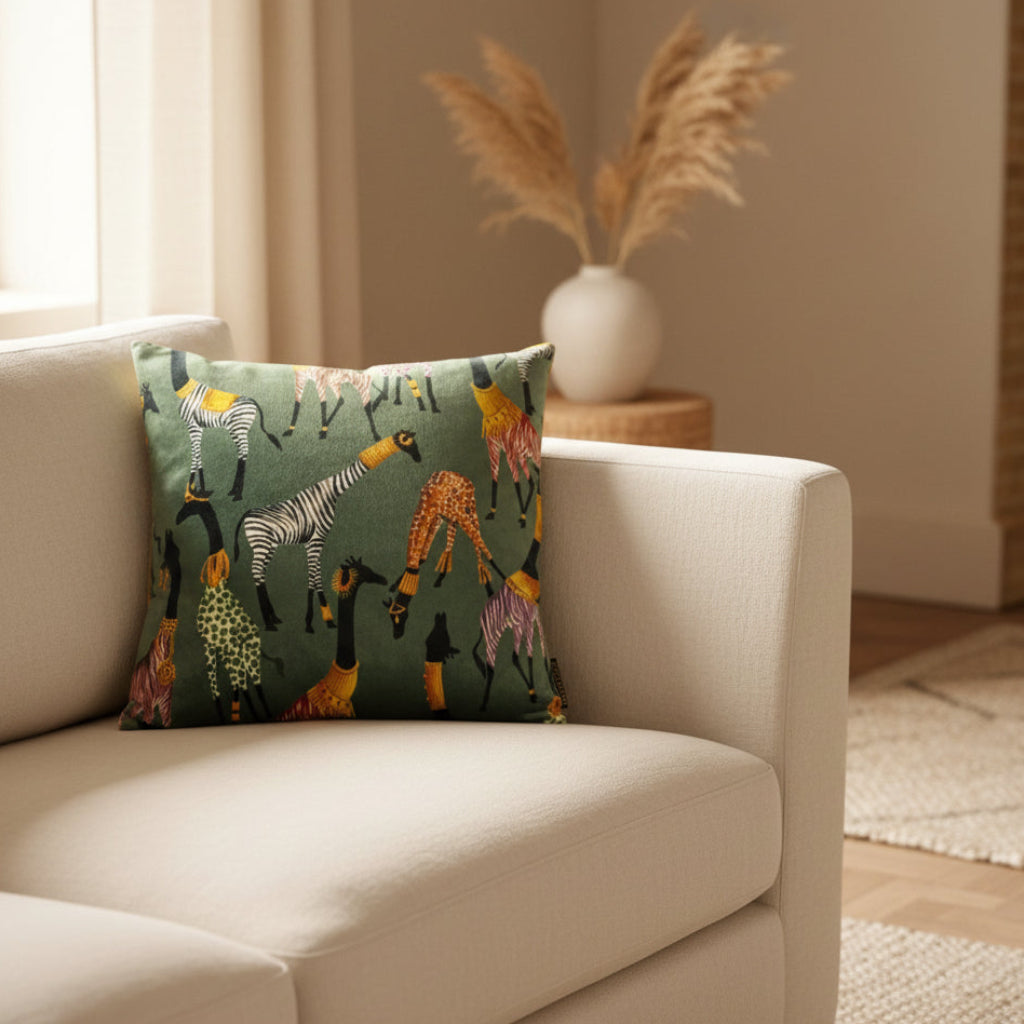 Giraffes In Jumpers | Green & Gold Velvet | Cushion