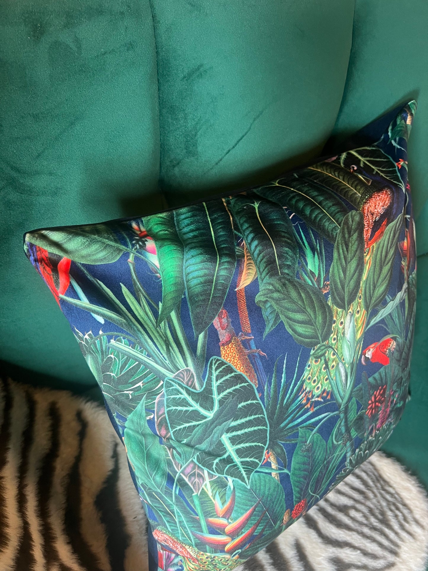 Rainforest jungle parrot toucan luxury  navy velvet cushion