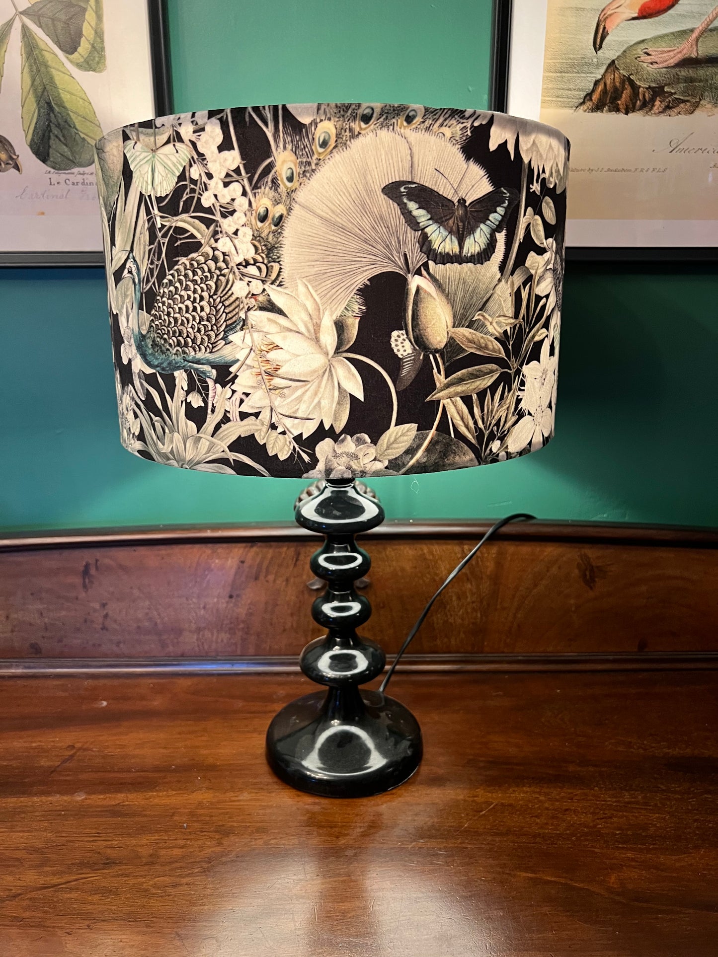 Peacocks & butterflies black velvet lampshade