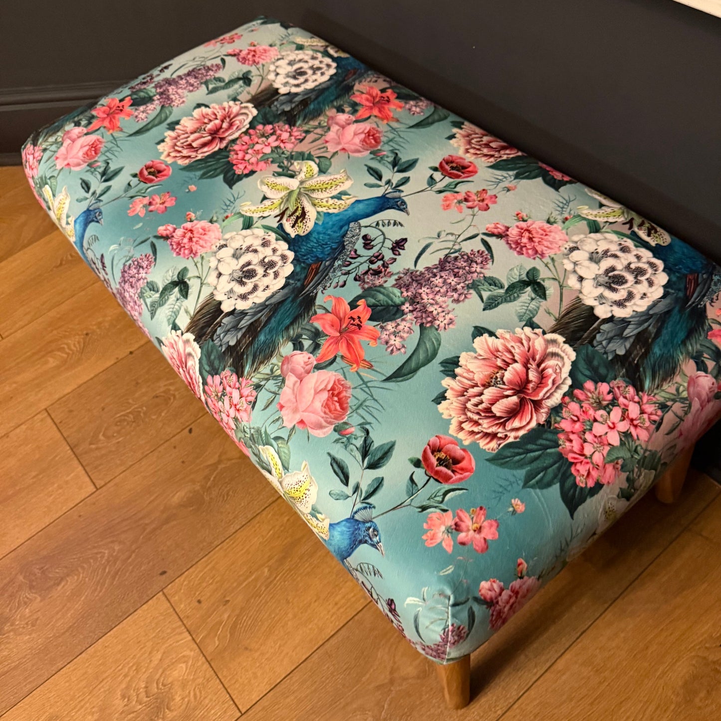 Turquoise peacocks and lily velvet Footstool