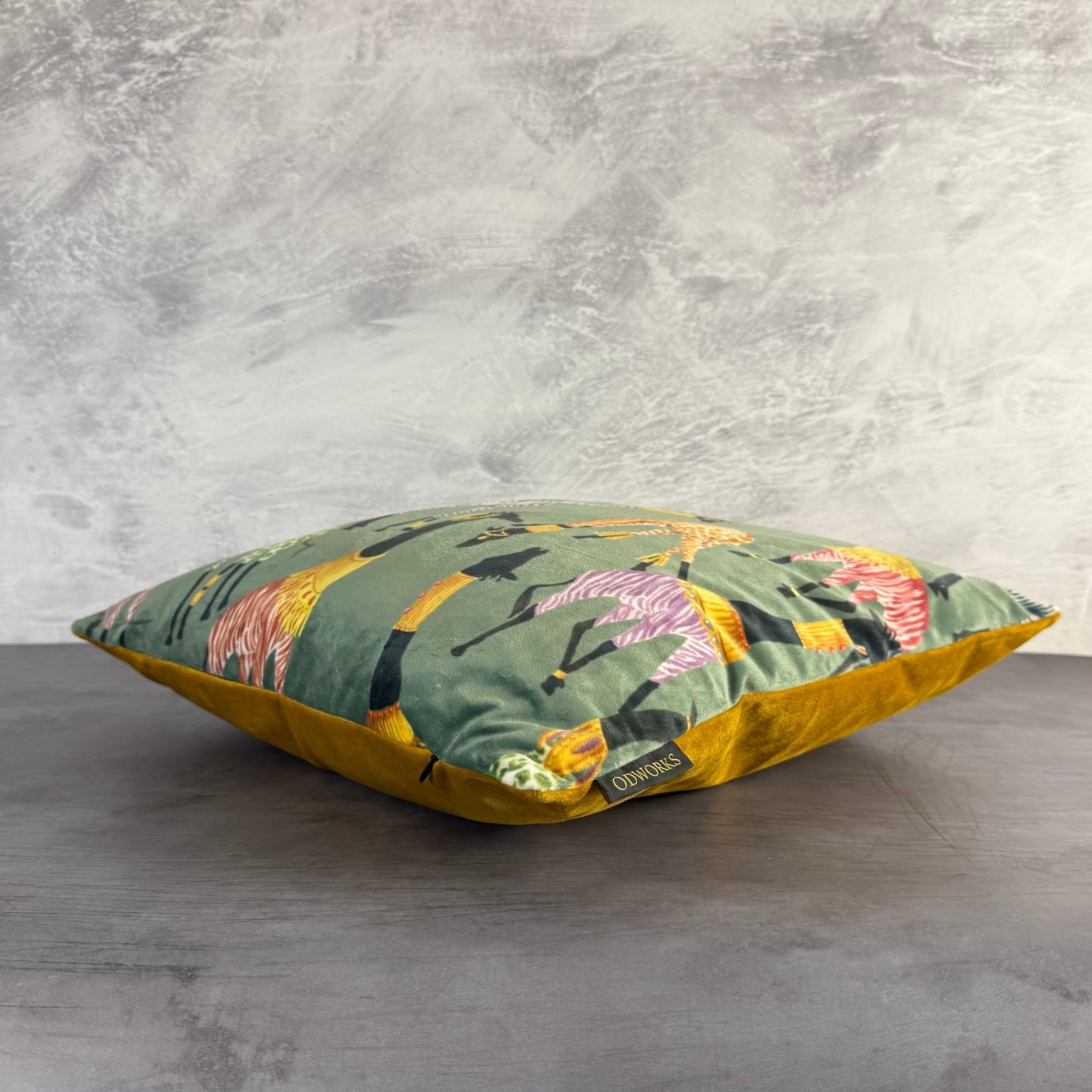 Giraffes In Jumpers | Green & Gold Velvet | Cushion