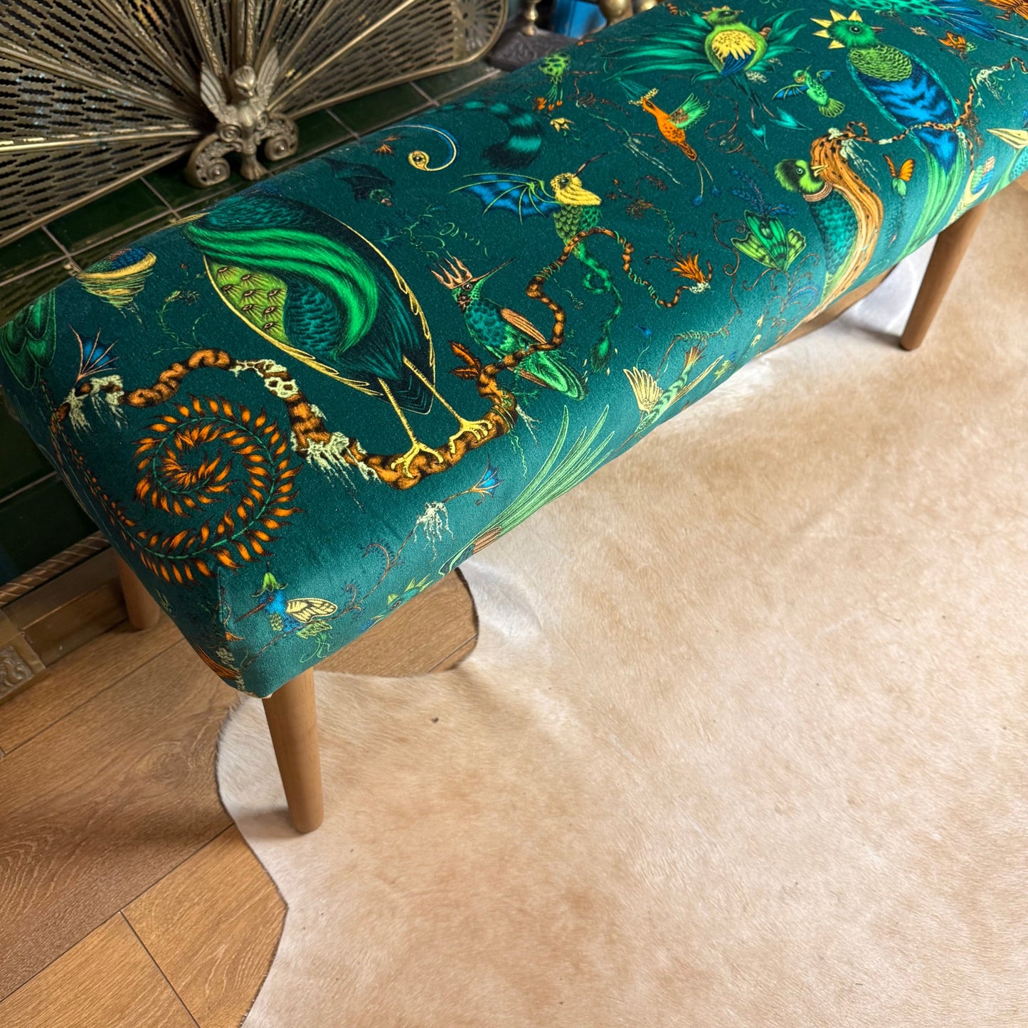 Emma Shipley Quetzal green velvet bench / window seat / shoe bench