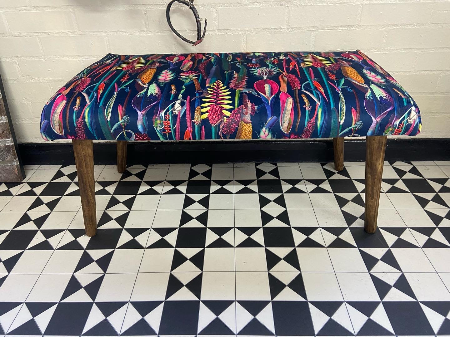 Navy velvet botanical lily bench