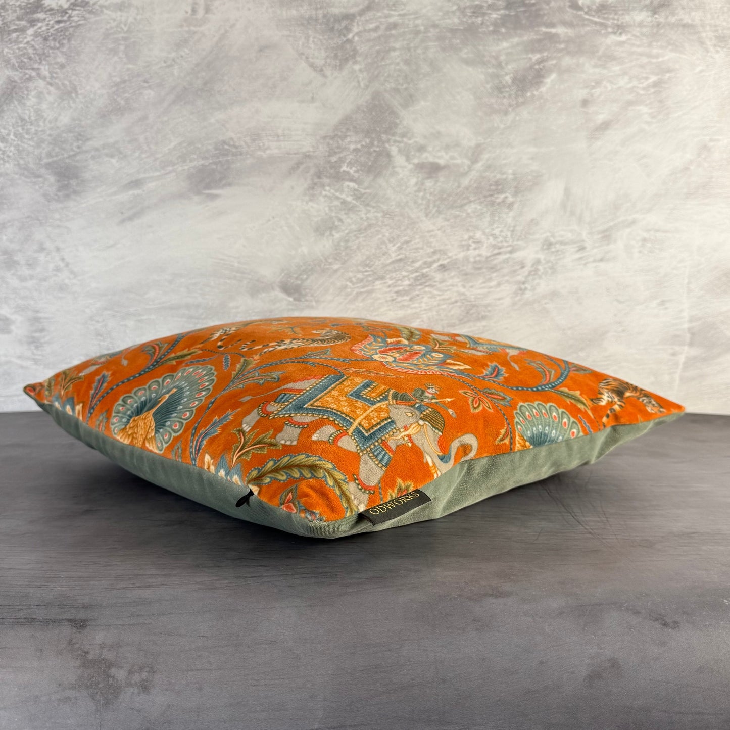 Bengal tigers and elephants orange velvet cushion