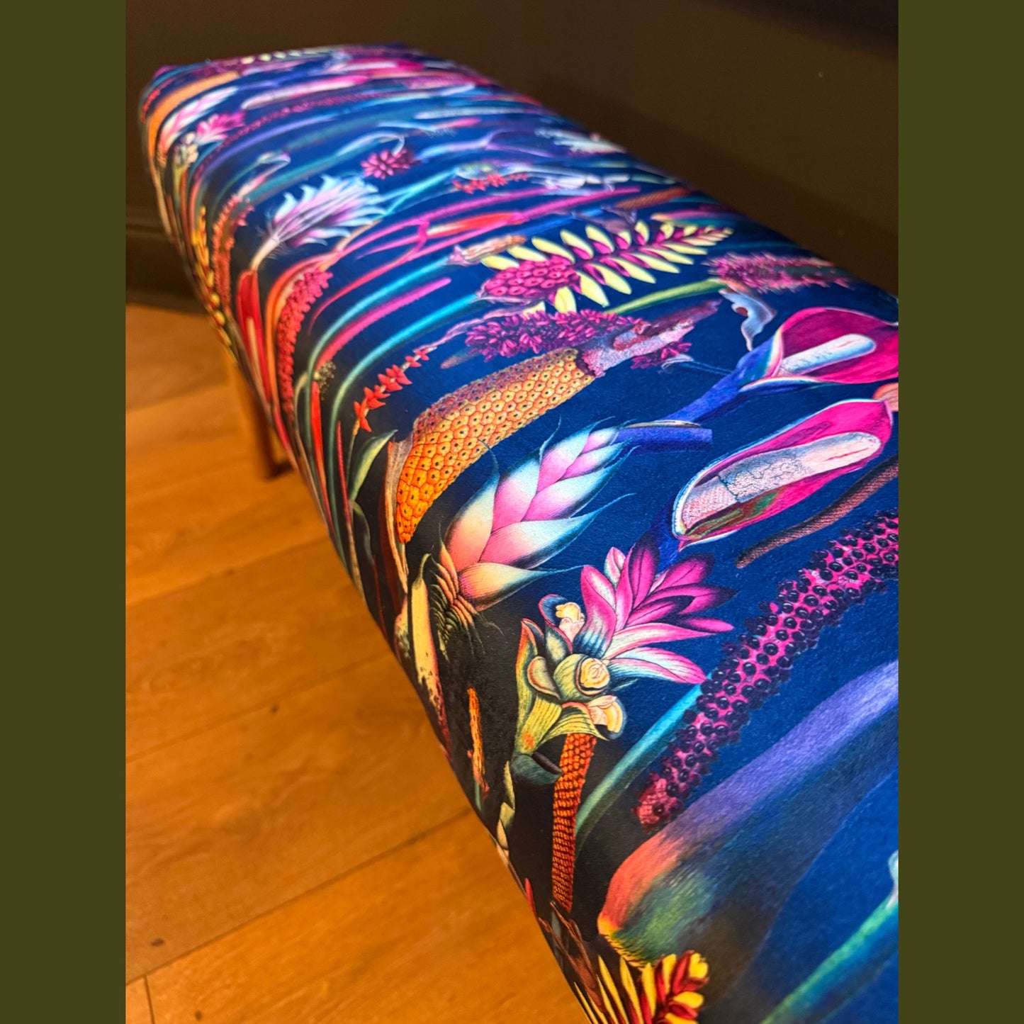 Navy velvet botanical lily bench