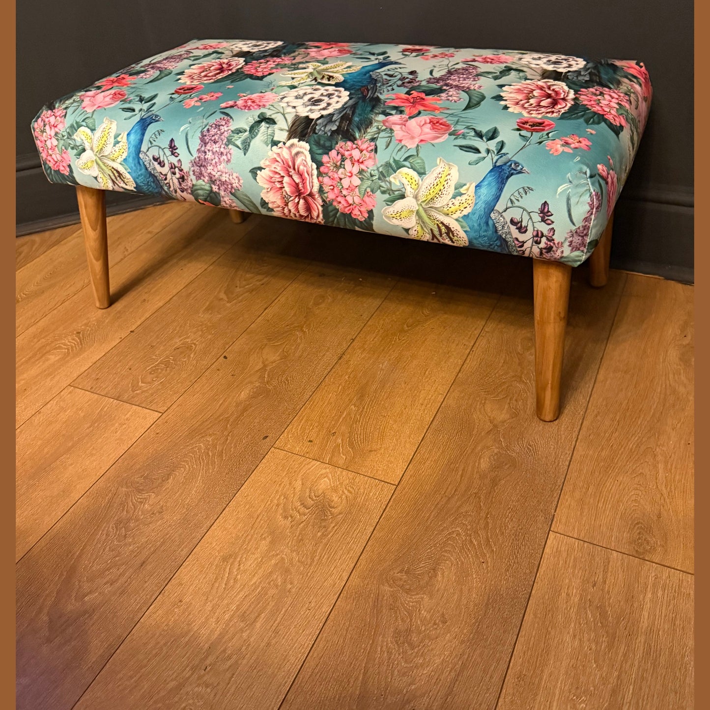 Turquoise peacocks and lily velvet Footstool