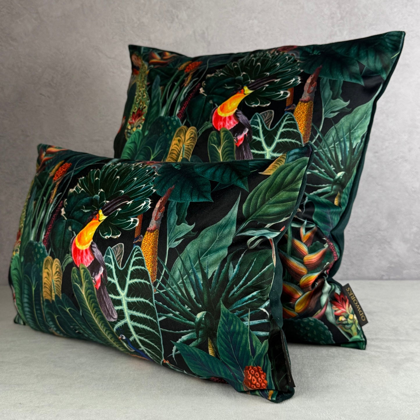 Rainforest jungle parrot toucan luxury  black velvet cushion