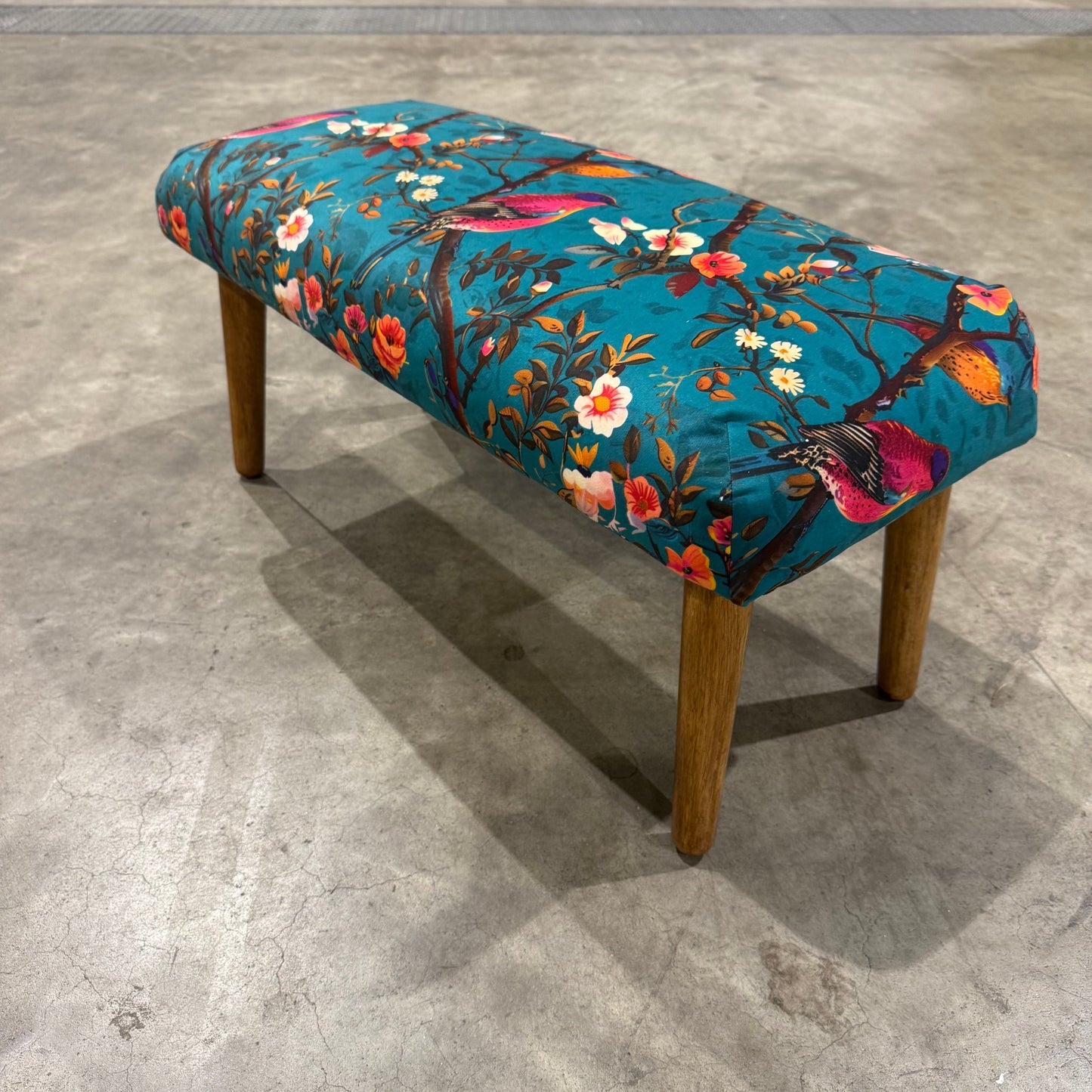 Perching birds teal velvet Footstool with Scandi legs