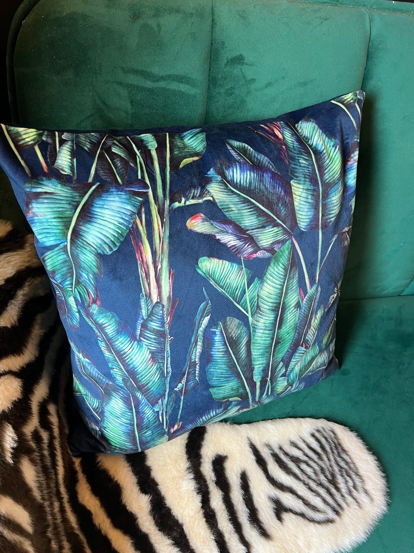 Palm leaf luxury navy velvet jungle cushion