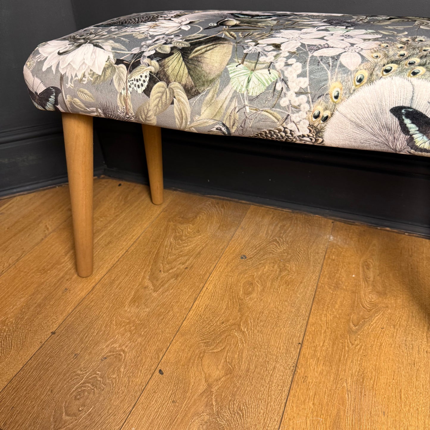 Grey peacocks and butterflies velvet bench seat / shoe seat / boot room bench