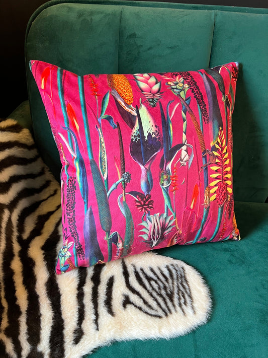 Botanical lily luxury hot pink velvet cushion