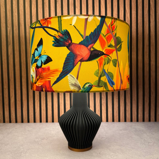 Yellow flamingo & hummingbird velvet lampshade