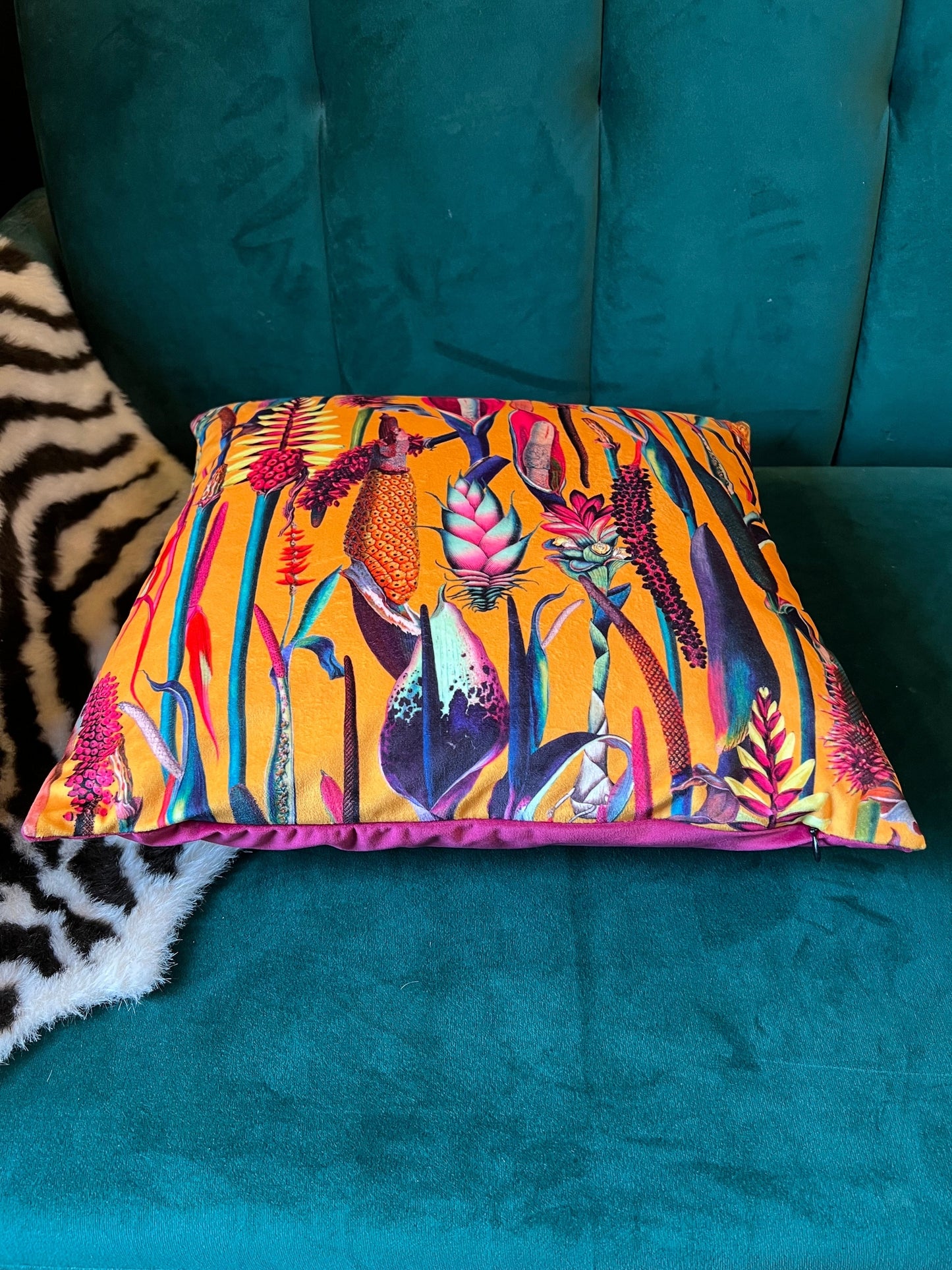 Botanical lily luxury mustard velvet cushion