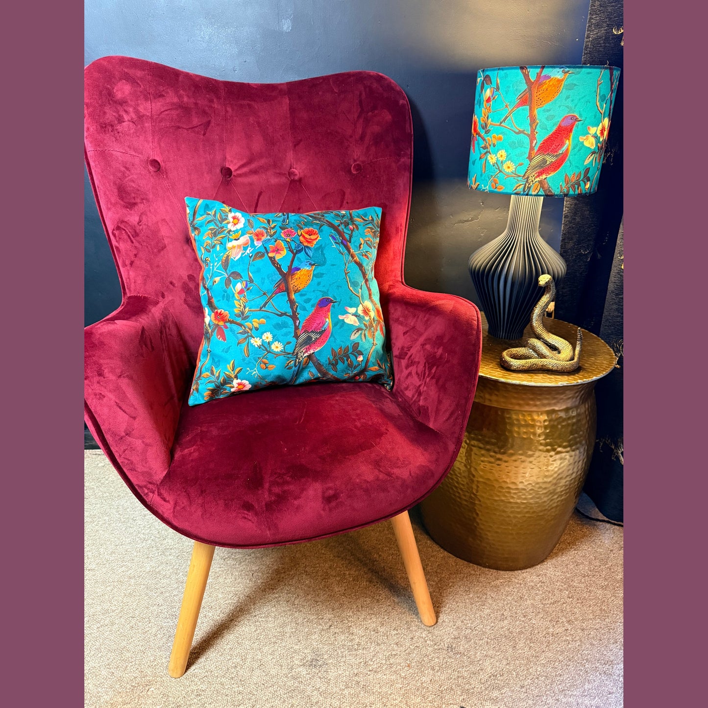 Perching birds teal velvet feather filled cushion