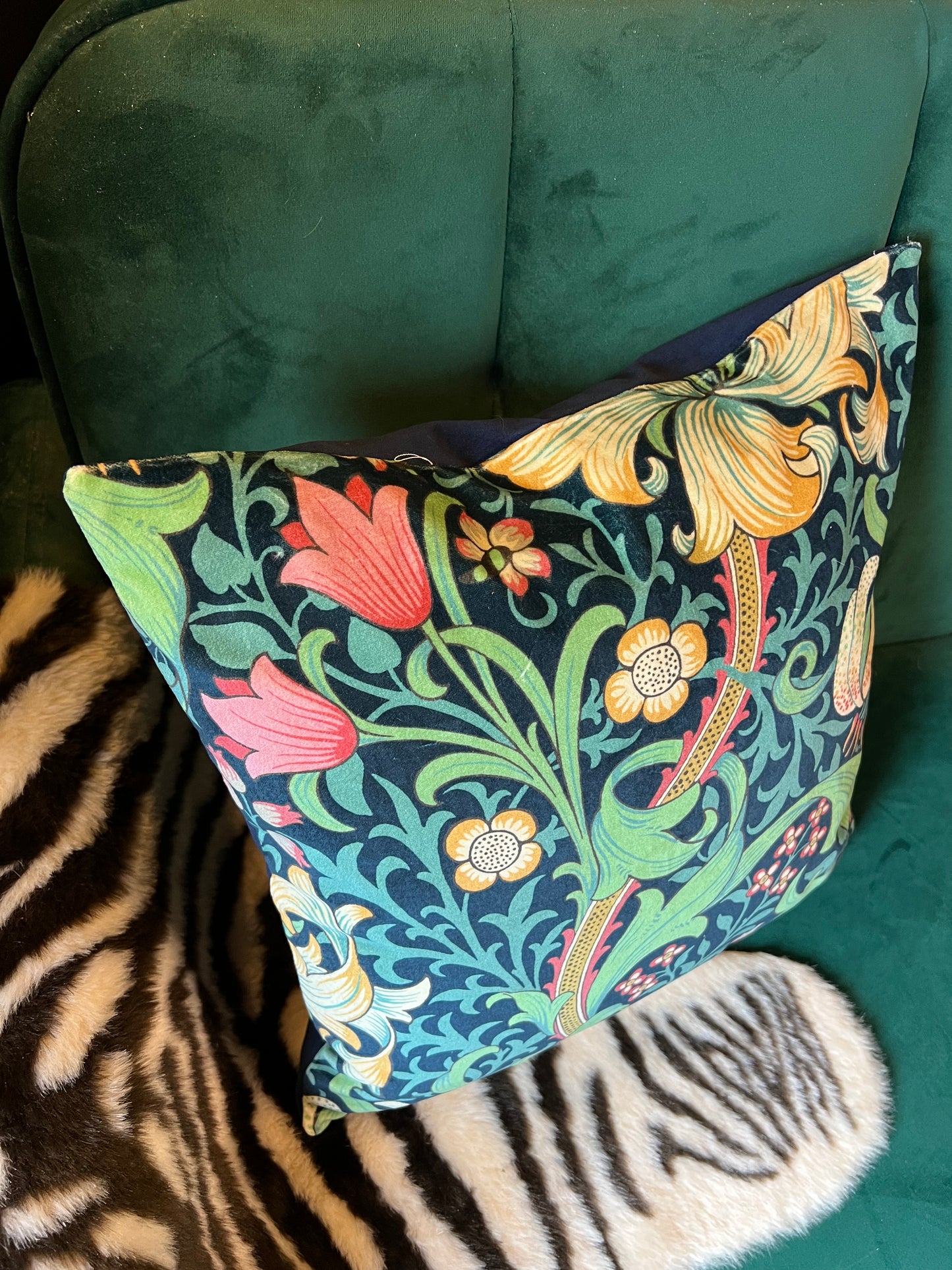 Golden lily velvet cushion Sanderson William Morris