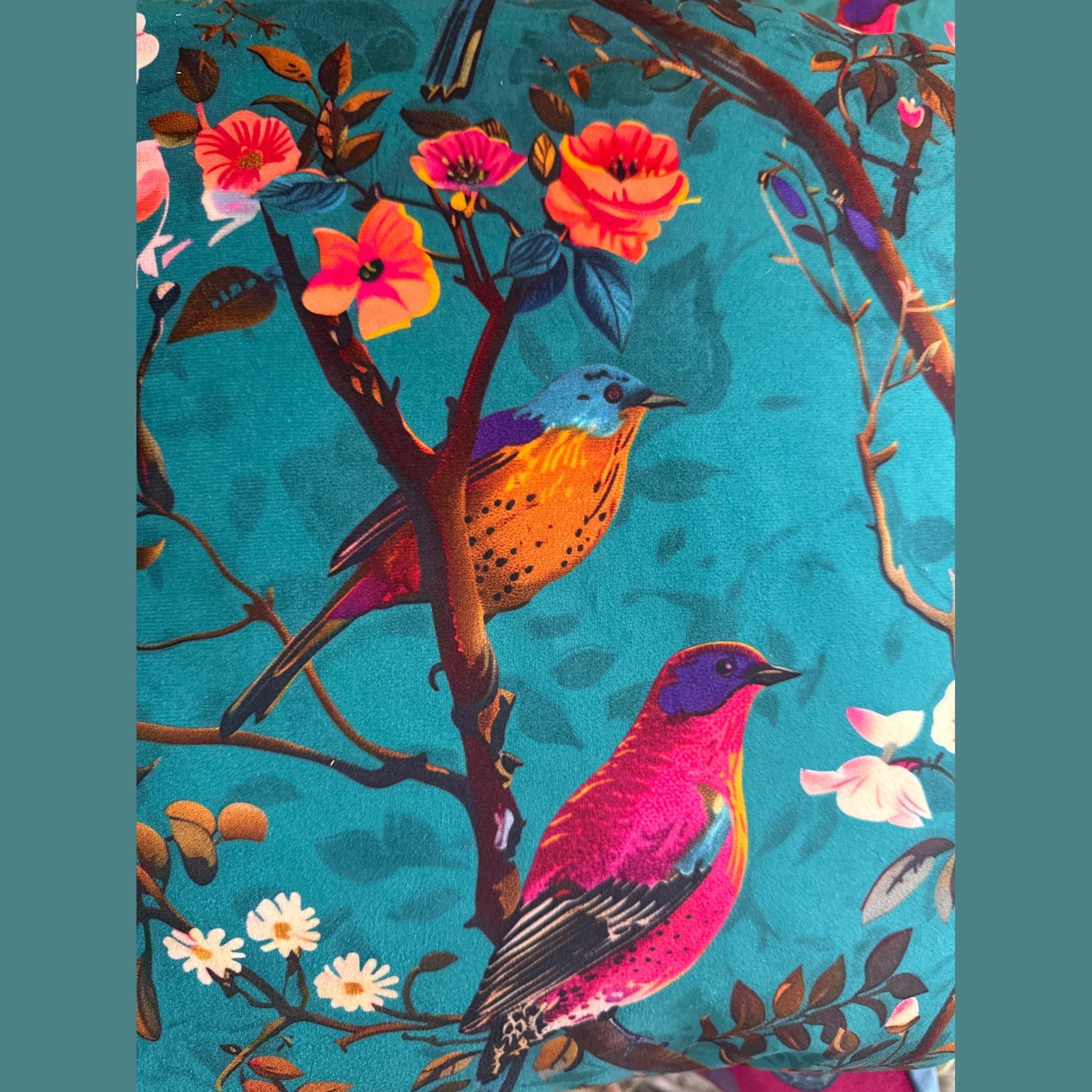 PERCHING BIRDS | TEAL & PINK VELVET | HANDMADE | Footstool