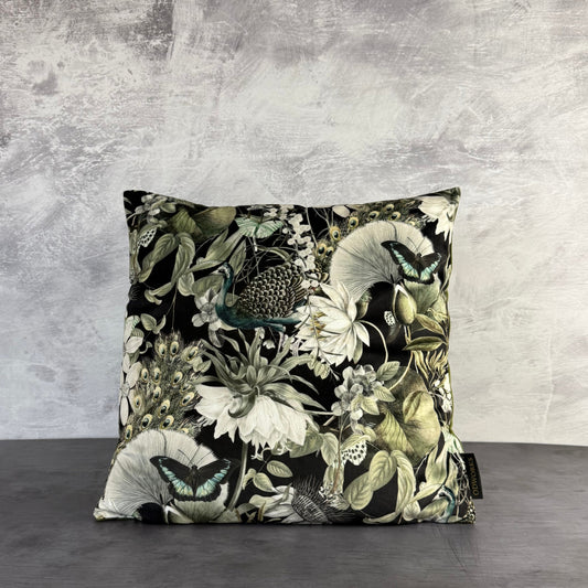 Peacocks and butterflies luxury black velvet cushion