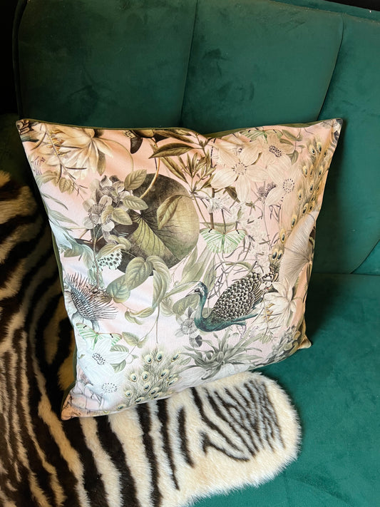 Peacocks and butterflies luxury pink velvet cushion