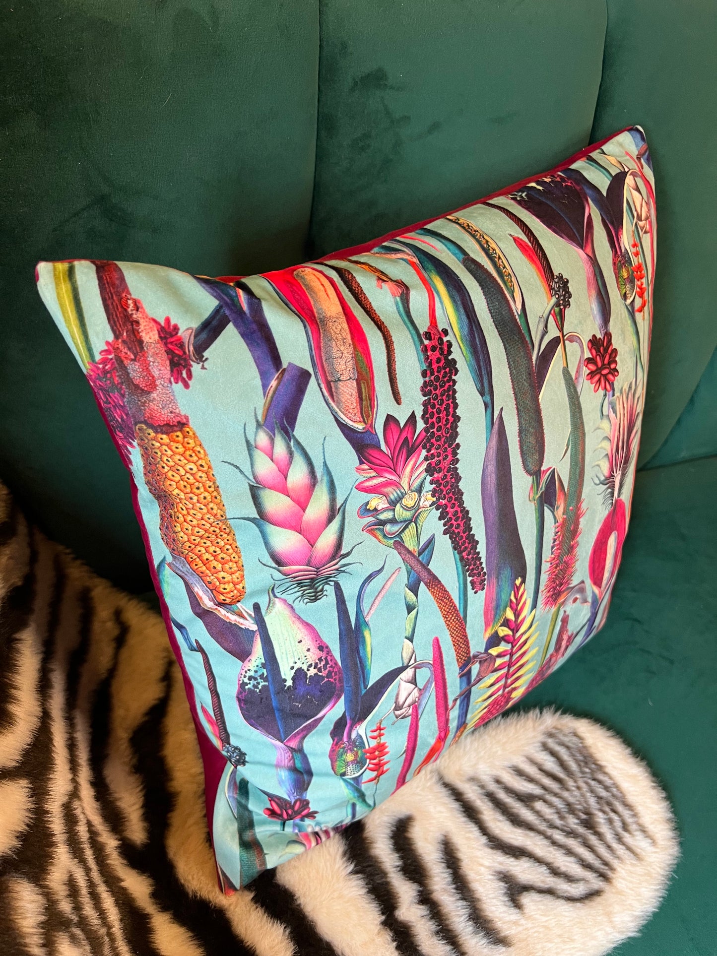 Botanical lily turquoise luxury velvet cushion