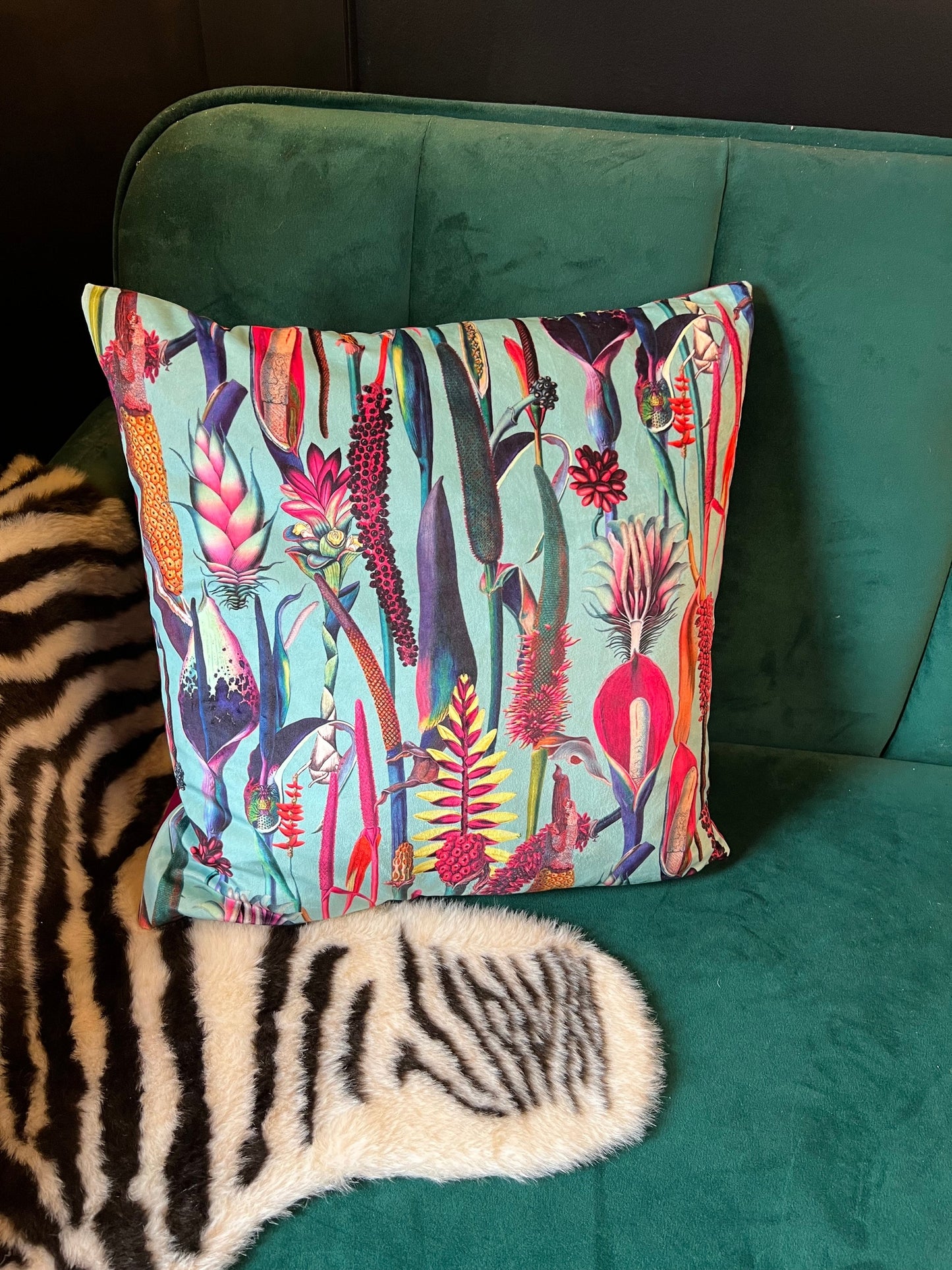 Botanical lily turquoise luxury velvet cushion