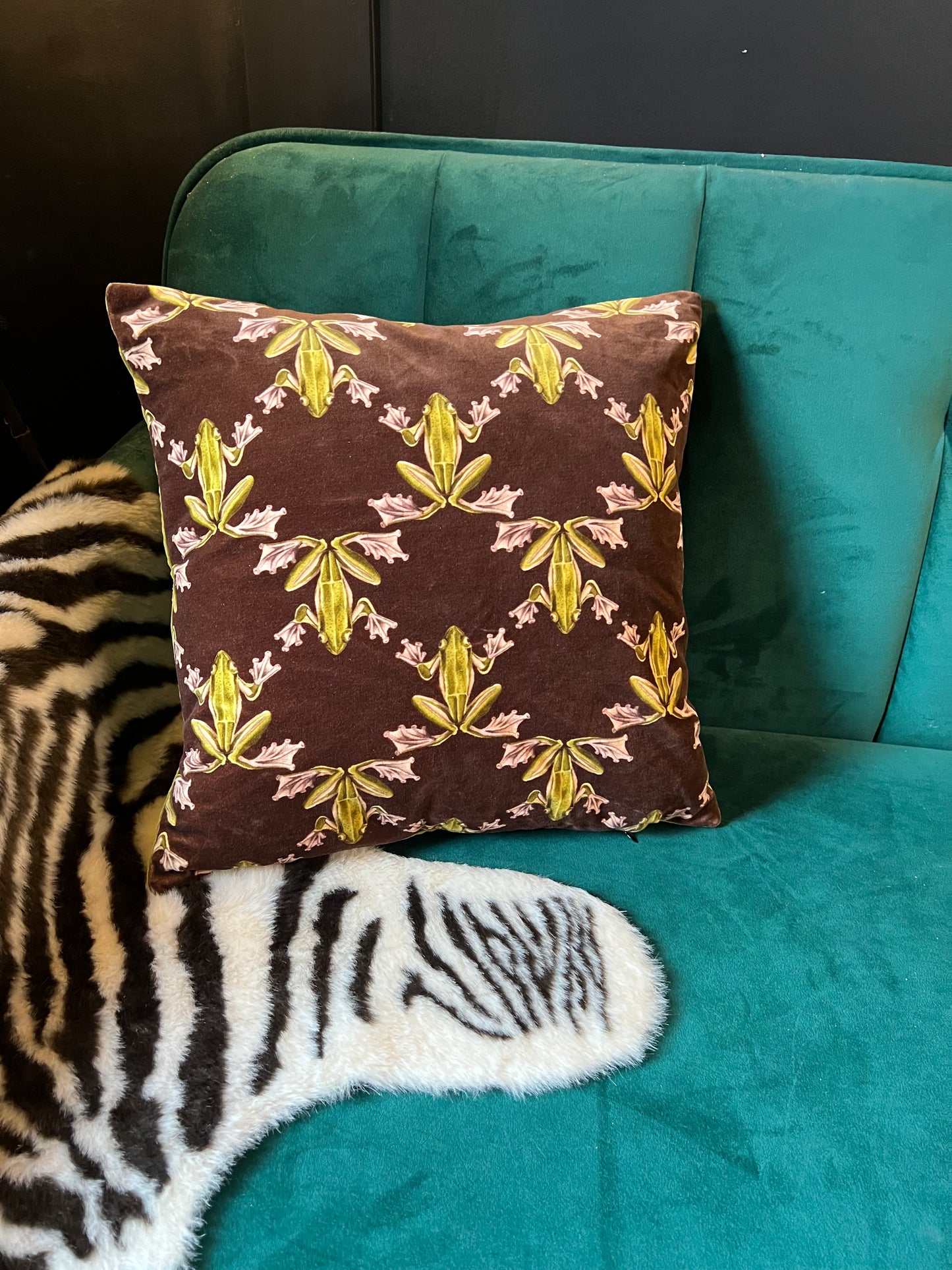 Wood frog luxury velvet cushion Harlequin