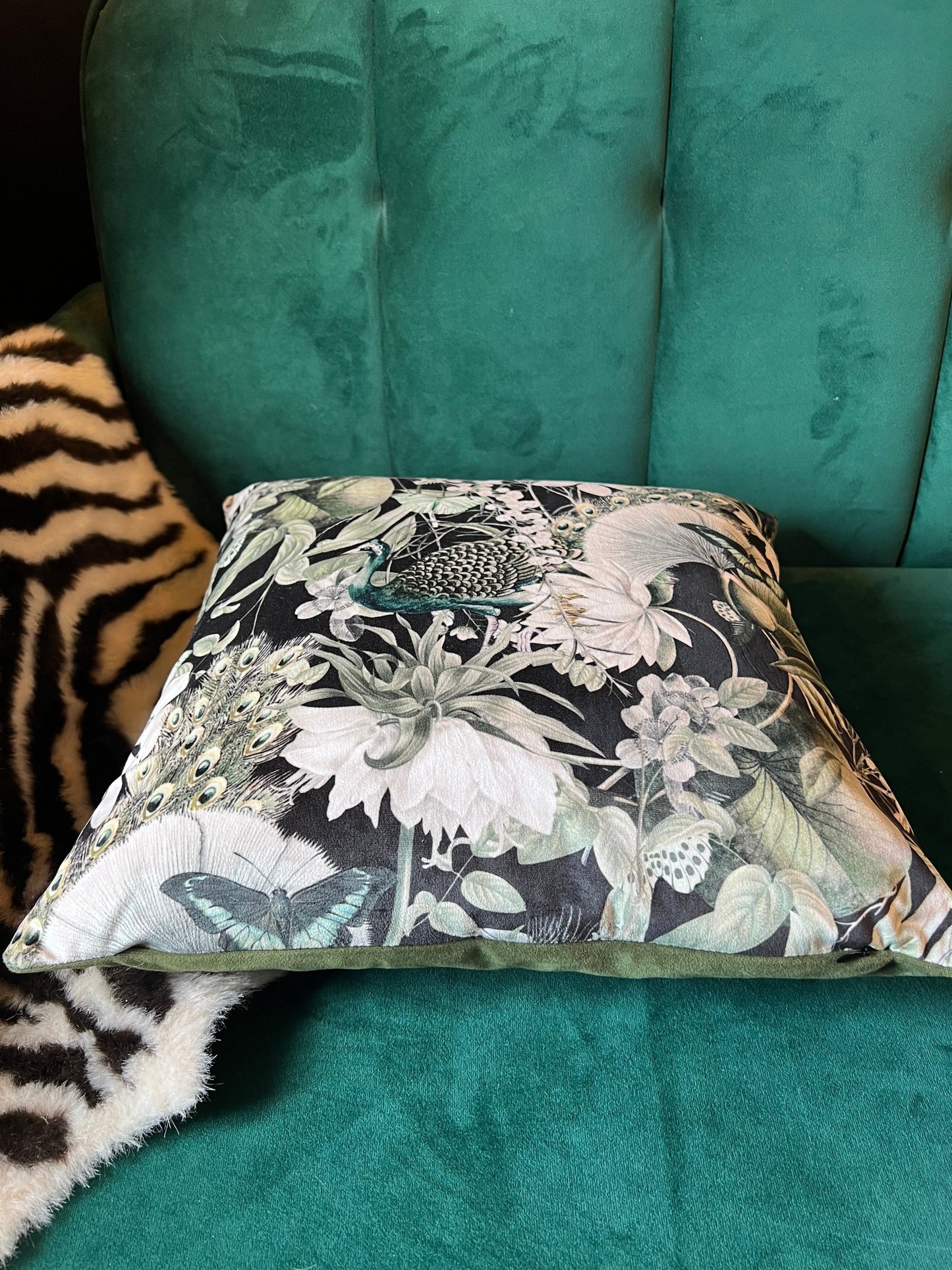 Peacocks and butterflies luxury black velvet cushion