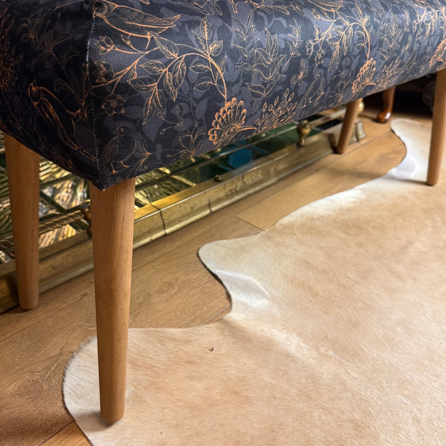 Rustic birds teal velvet bench seat / shoe seat / boot room bench