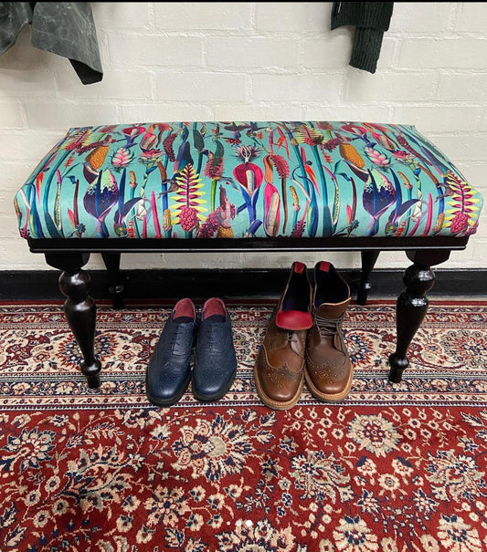 Turquoise velvet botanical lily bench