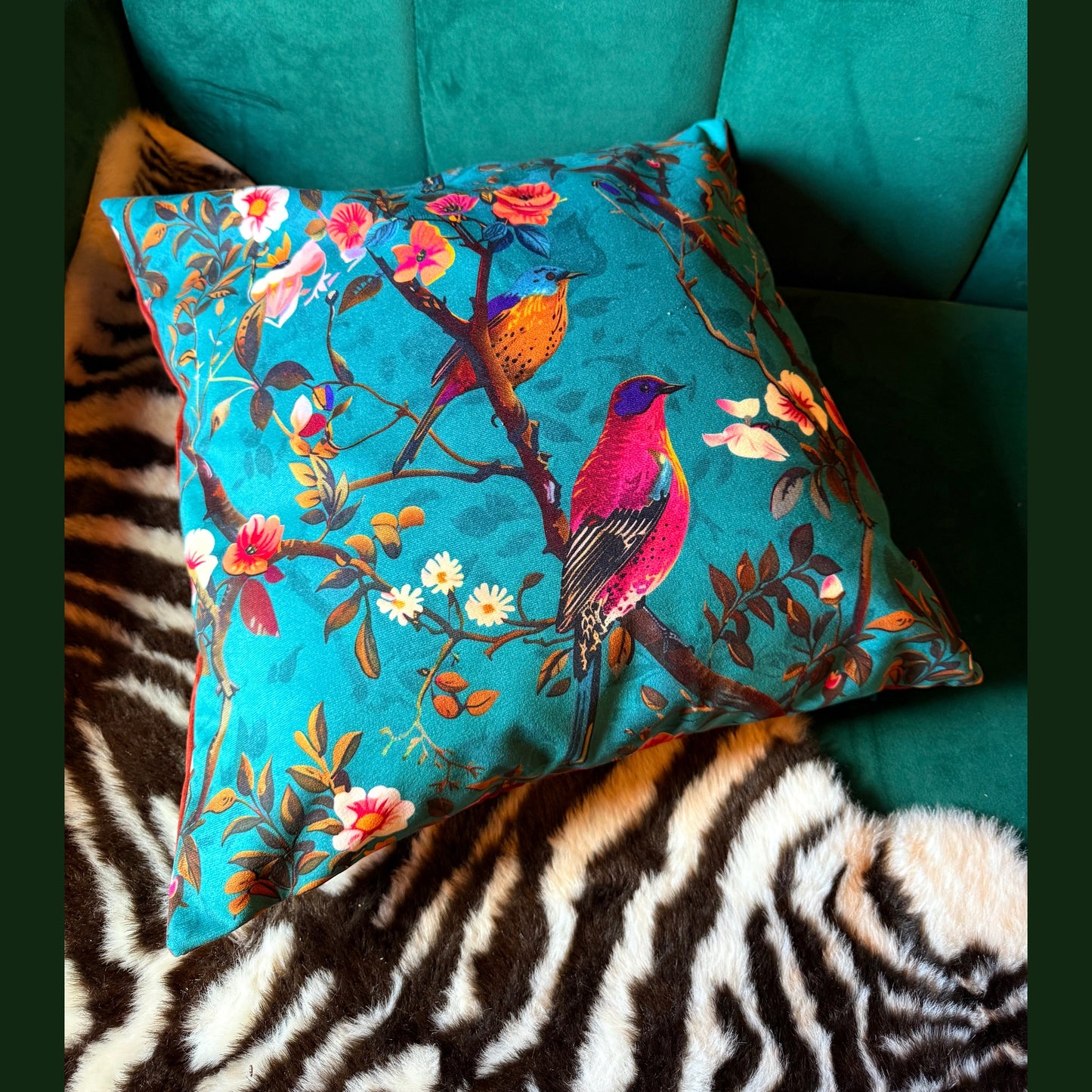 Perching birds teal velvet feather filled cushion