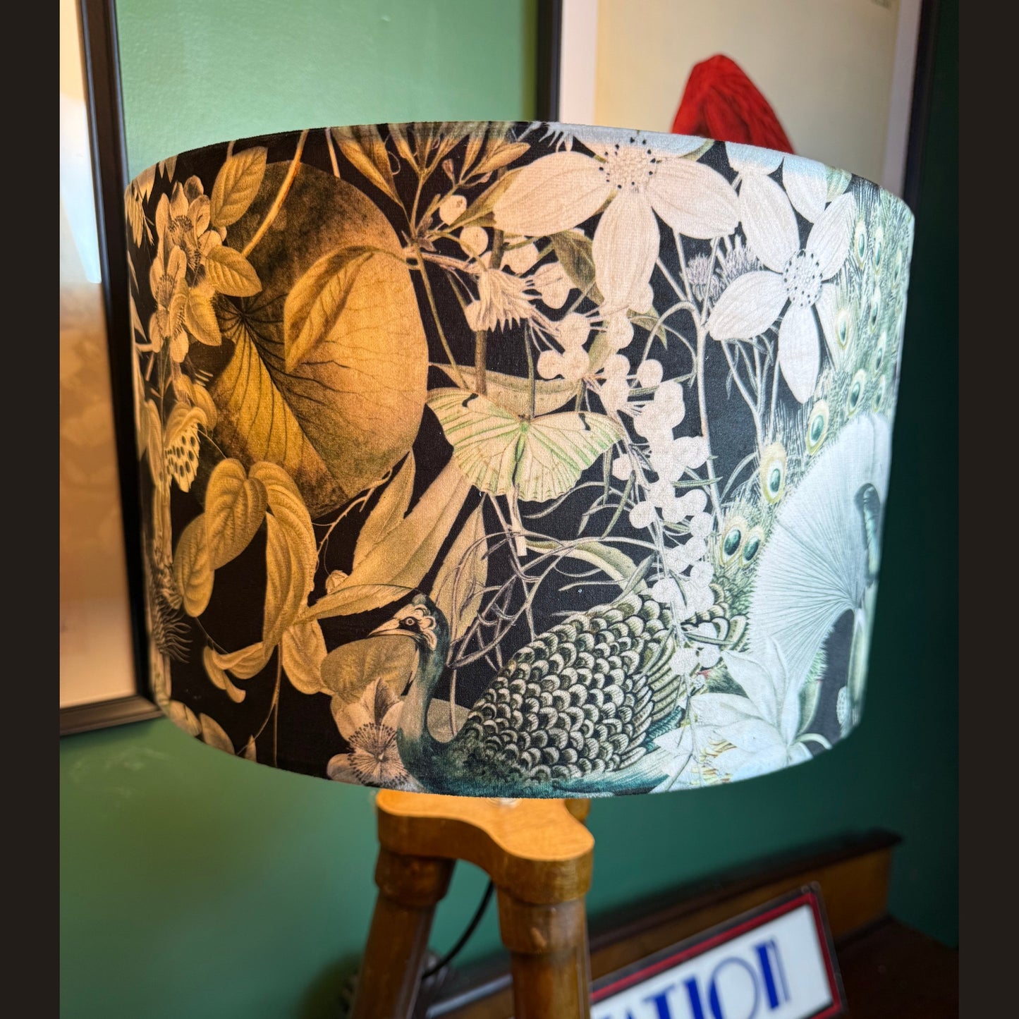 Peacocks & butterflies black velvet lampshade