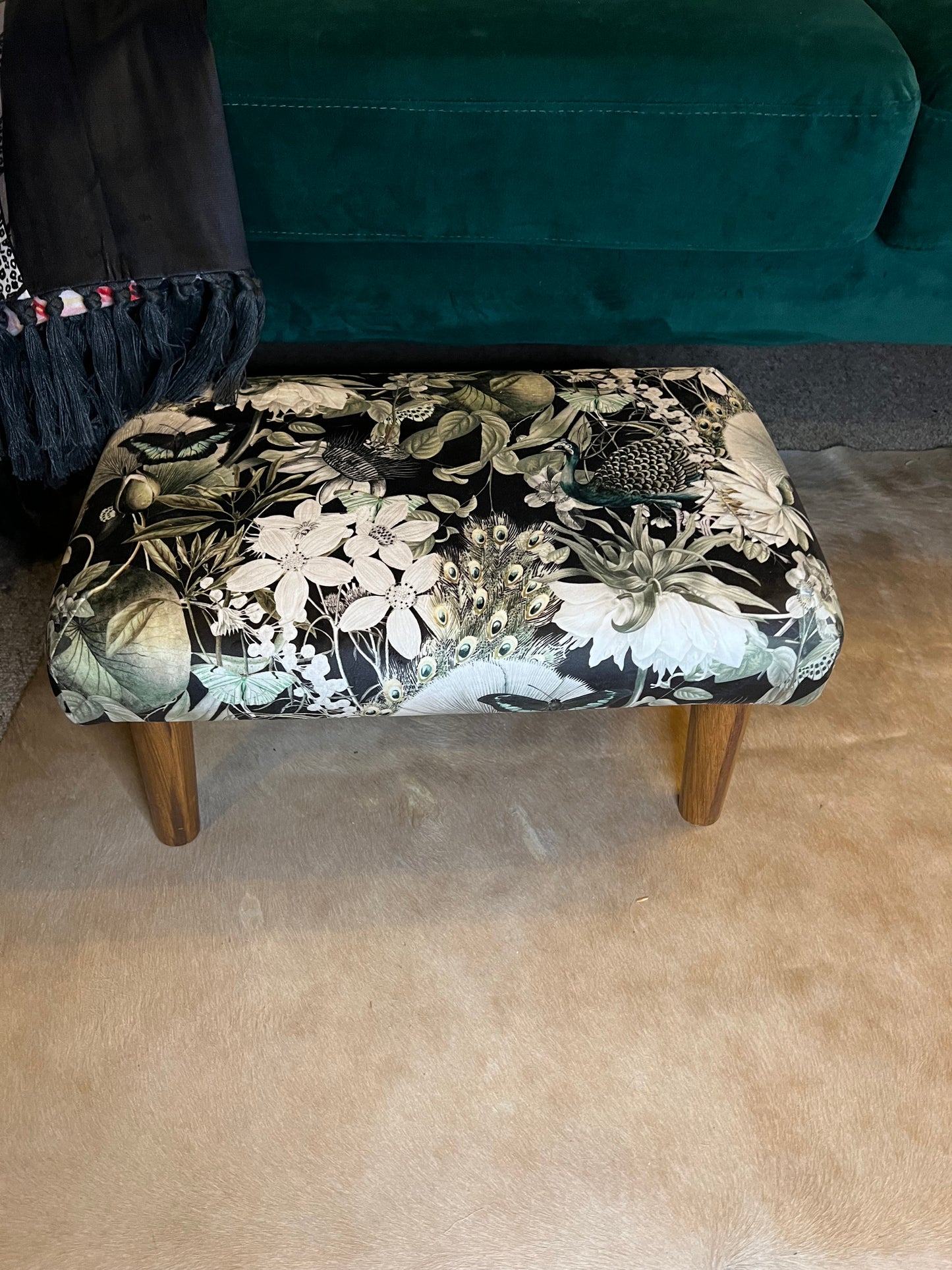 Peacocks and butterflies luxury velvet Footstool