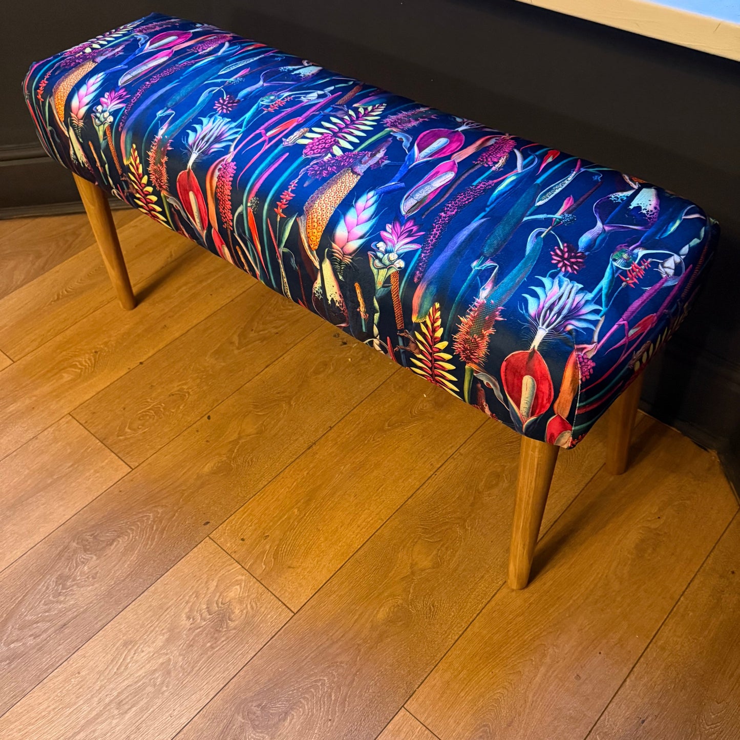 Navy velvet botanical lily bench