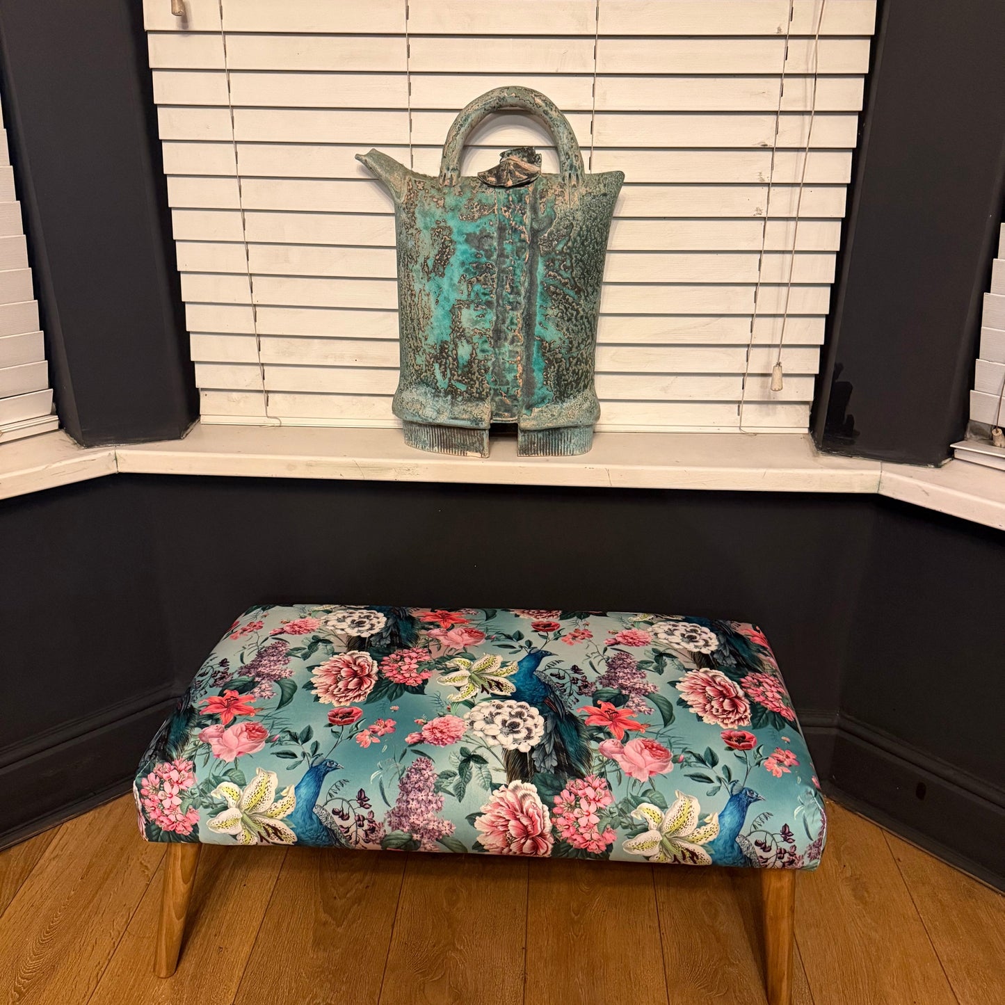 Turquoise peacocks and lily velvet Footstool