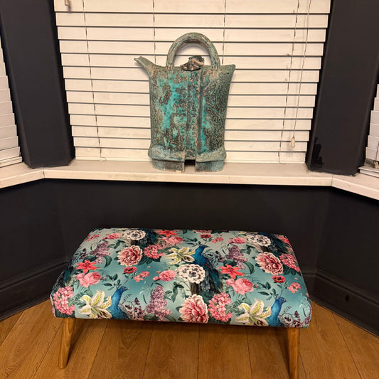 Turquoise peacocks and lily velvet Footstool