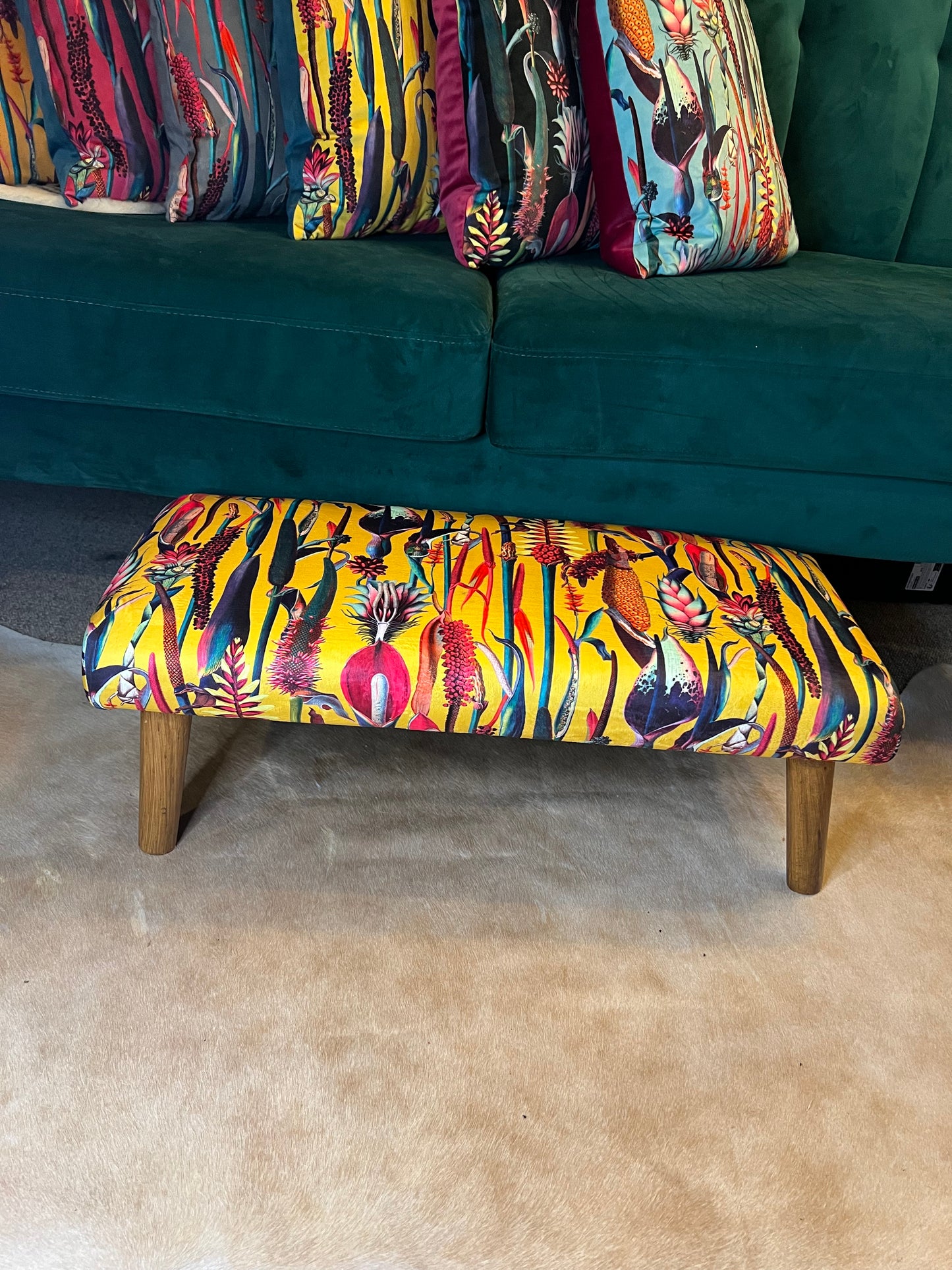 Yellow botanical lily velvet Footstool