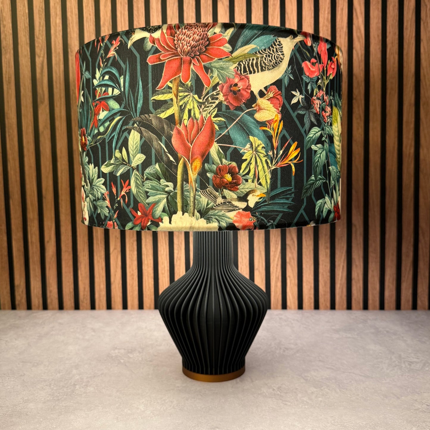 Geometric jays black velvet lampshade parrot toucan palm peacock jungle