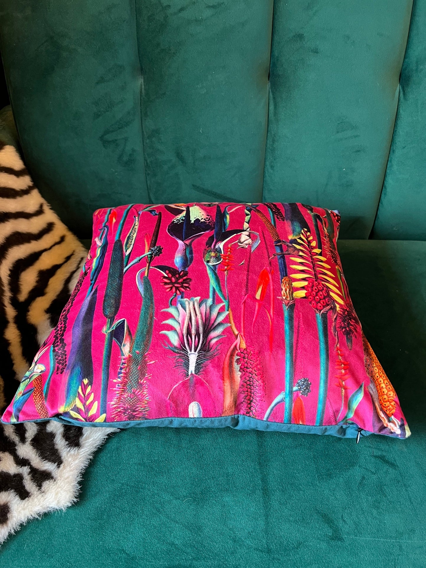 Botanical lily luxury hot pink velvet cushion