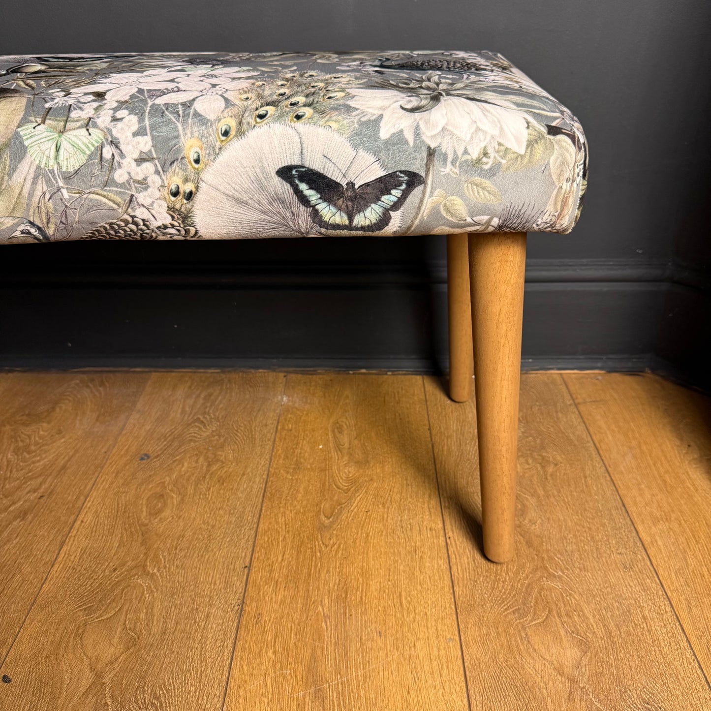 Grey peacocks and butterflies velvet bench seat / shoe seat / boot room bench