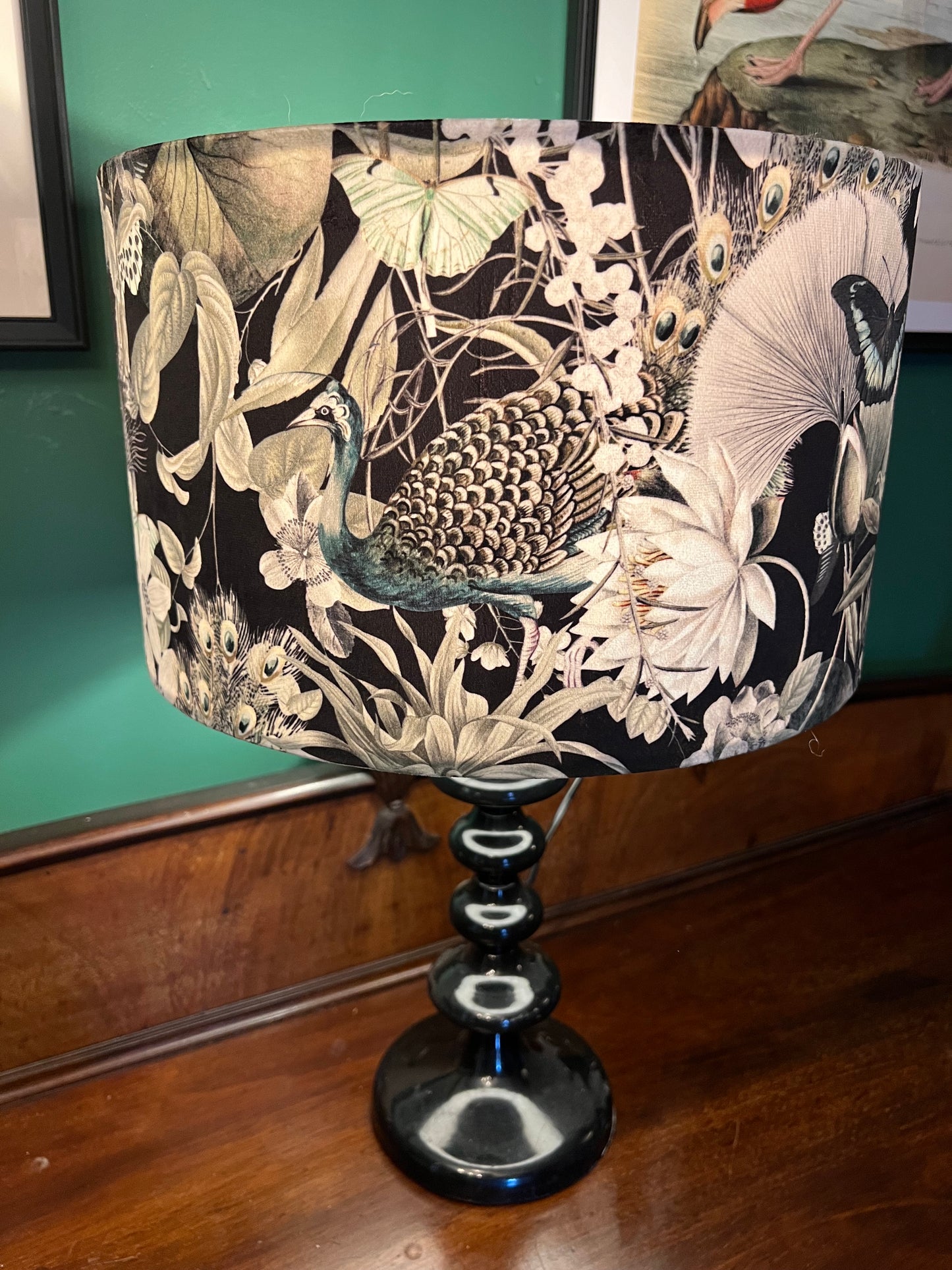 Peacocks & butterflies black velvet lampshade