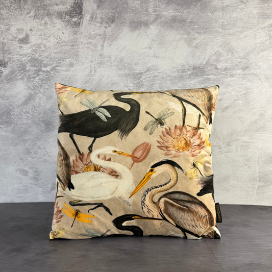 Heron and Swans cream luxury velvet feather filled cushion