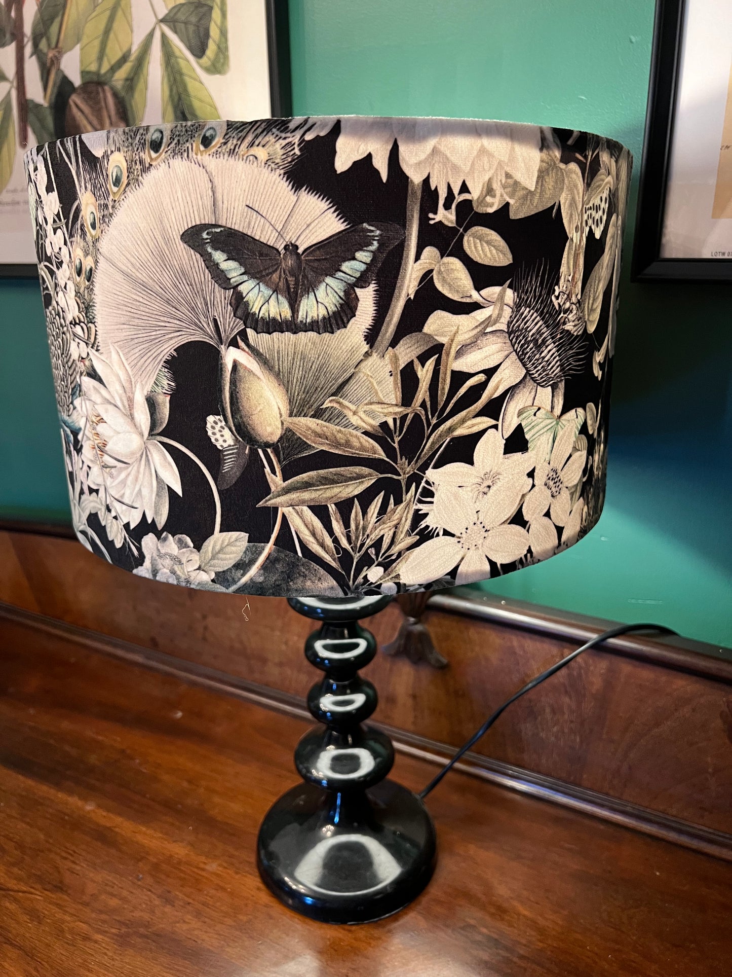 Peacocks & butterflies black velvet lampshade