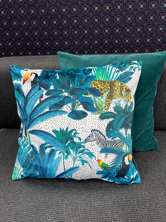 Tropical paradise parrot and toucan jungle luxury velvet cushion white