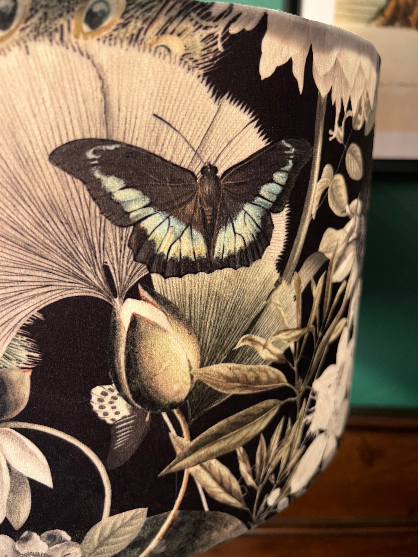 Peacocks & butterflies black velvet lampshade